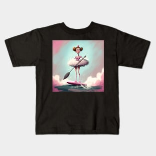 Quirky ballerina wearing her tutu on a stand up paddle board. Kids T-Shirt